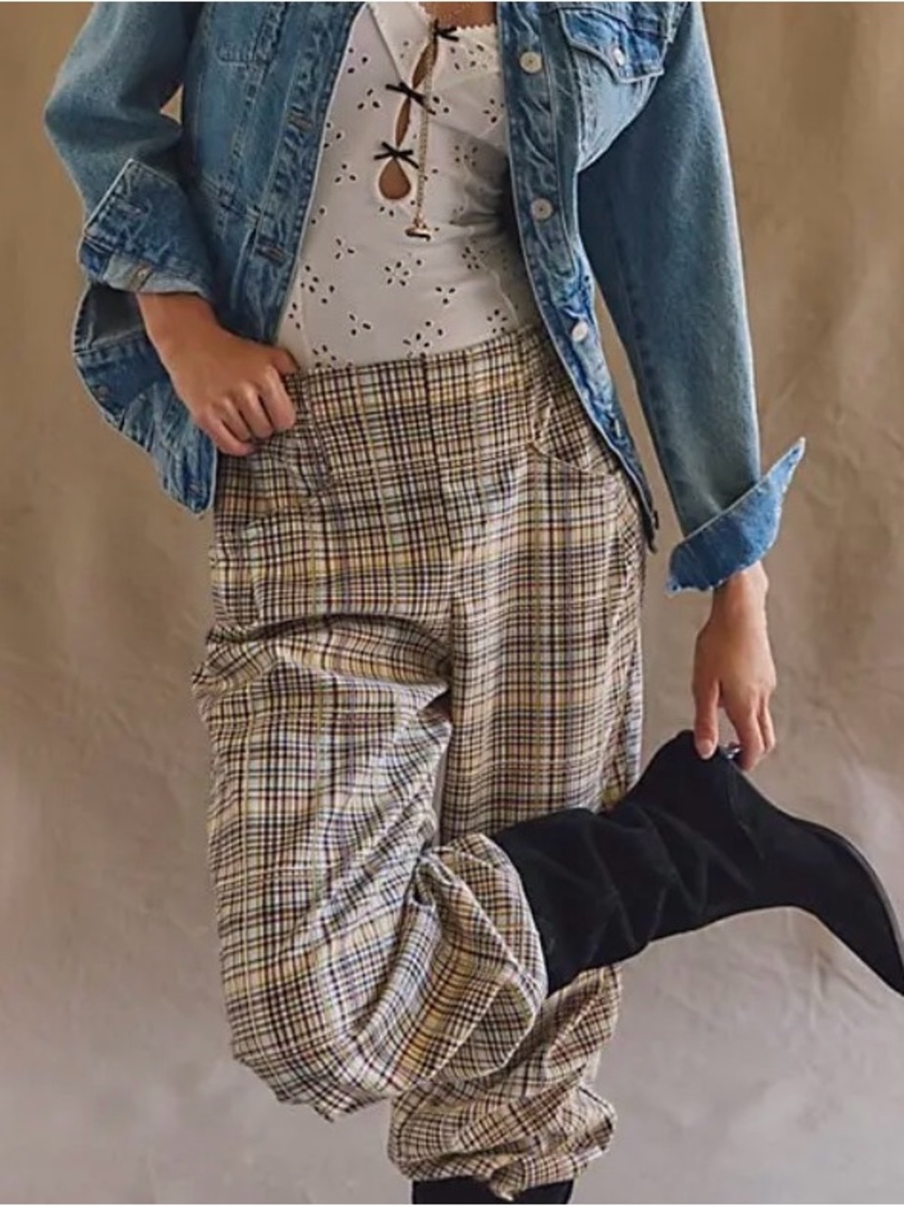 Free People Women's Nice Choice Pull-On Pants Barrel Pant Ivory Combo - Picture 3 of 6